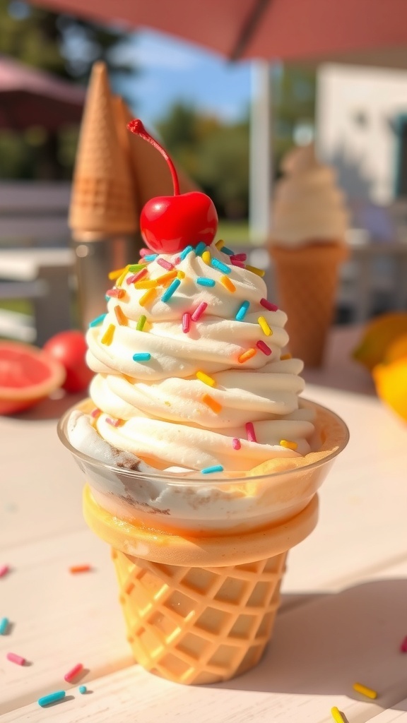 A bowl of vanilla ice cream with sprinkles and a cherry, served in a waffle cone on a picnic table.